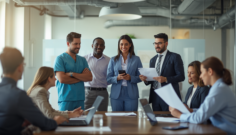 Professionals collaborating around a meeting table